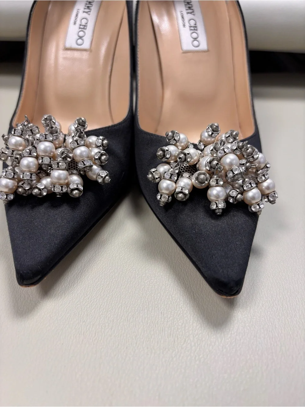 Jimmy Choo Black Pearl-Embellished Pointed Toe Pumps Size 7.5